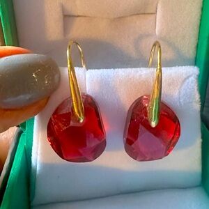 Authentic Swarovski drop earrings, gold, red crystal